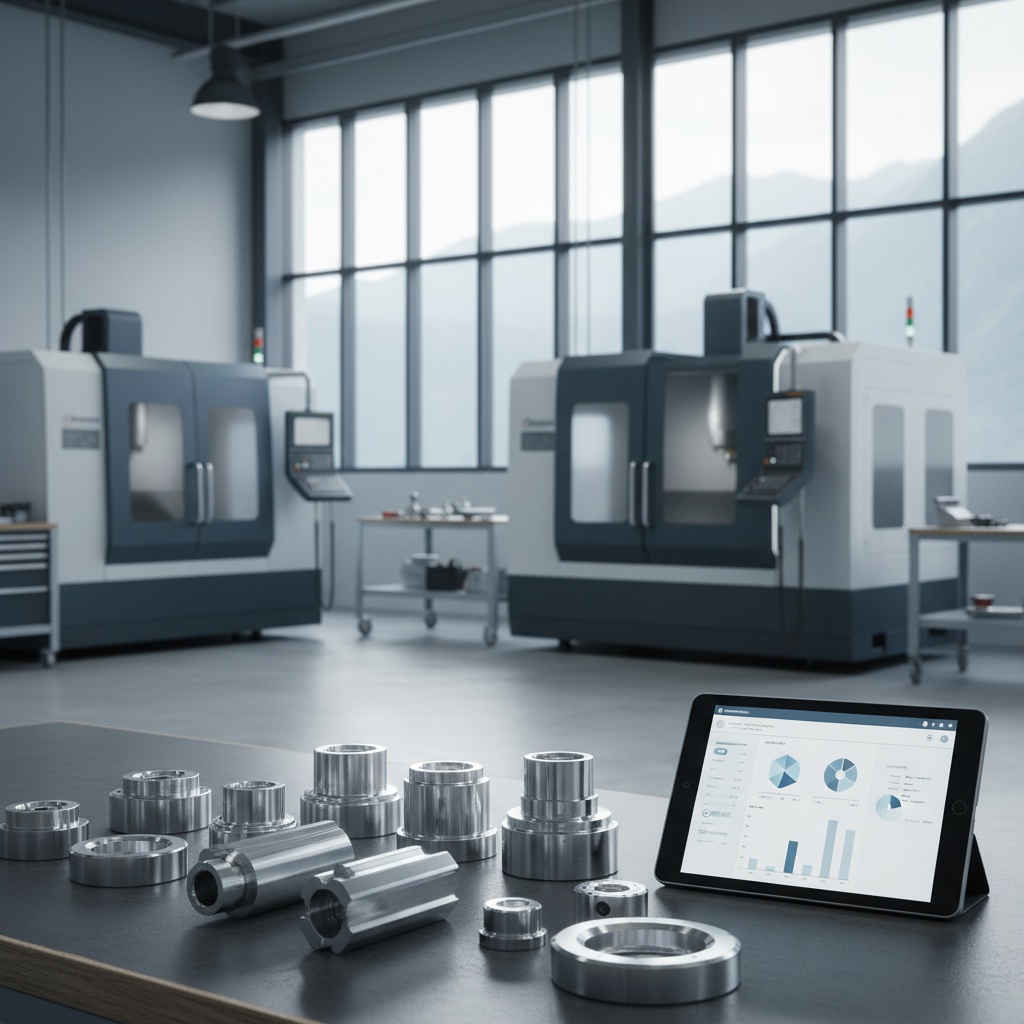 Helle CNC-Präzisionsfertigung mit KPI-Dashboard auf dem Tablet